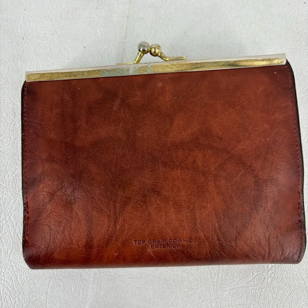 Buxton Leather Wallet Brown Top Grain Cowhide ID Credit‎ Card Kiss Lock Coin